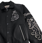 Men's Black Leather Goth Varsity Jacket | New York Lion Crest Edition