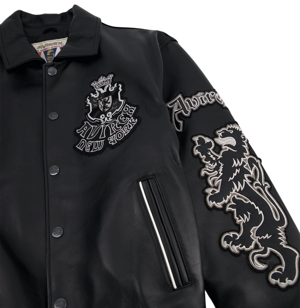 Men's Black Leather Goth Varsity Jacket | New York Lion Crest Edition
