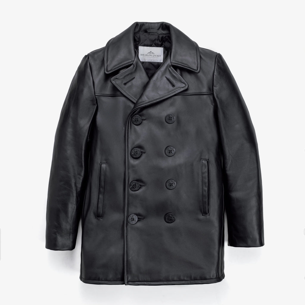 Men's Black Leather Peacoat | Shearling Jacket