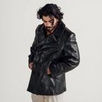 Men's Black Leather Peacoat | Shearling Jacket