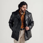 Men's Black Leather Peacoat | Shearling Jacket