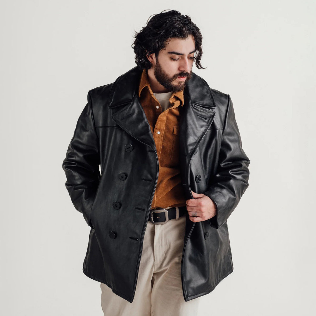 Men's Black Leather Peacoat | Shearling Jacket