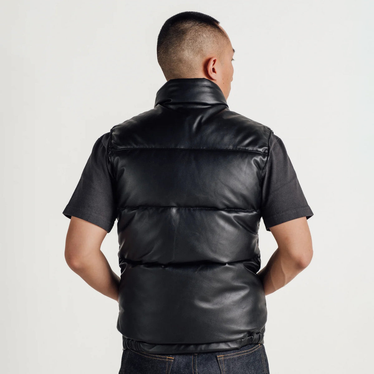 Men’s Black Leather Puffer Vest  Shearling Jacket