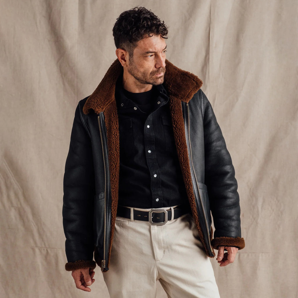 Men's Black Leather Shearling Collar Aviator Jacket