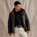 Men's Black Leather Shearling Collar Aviator Jacket