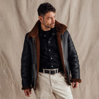 Men's Black Leather Shearling Collar Aviator Jacket