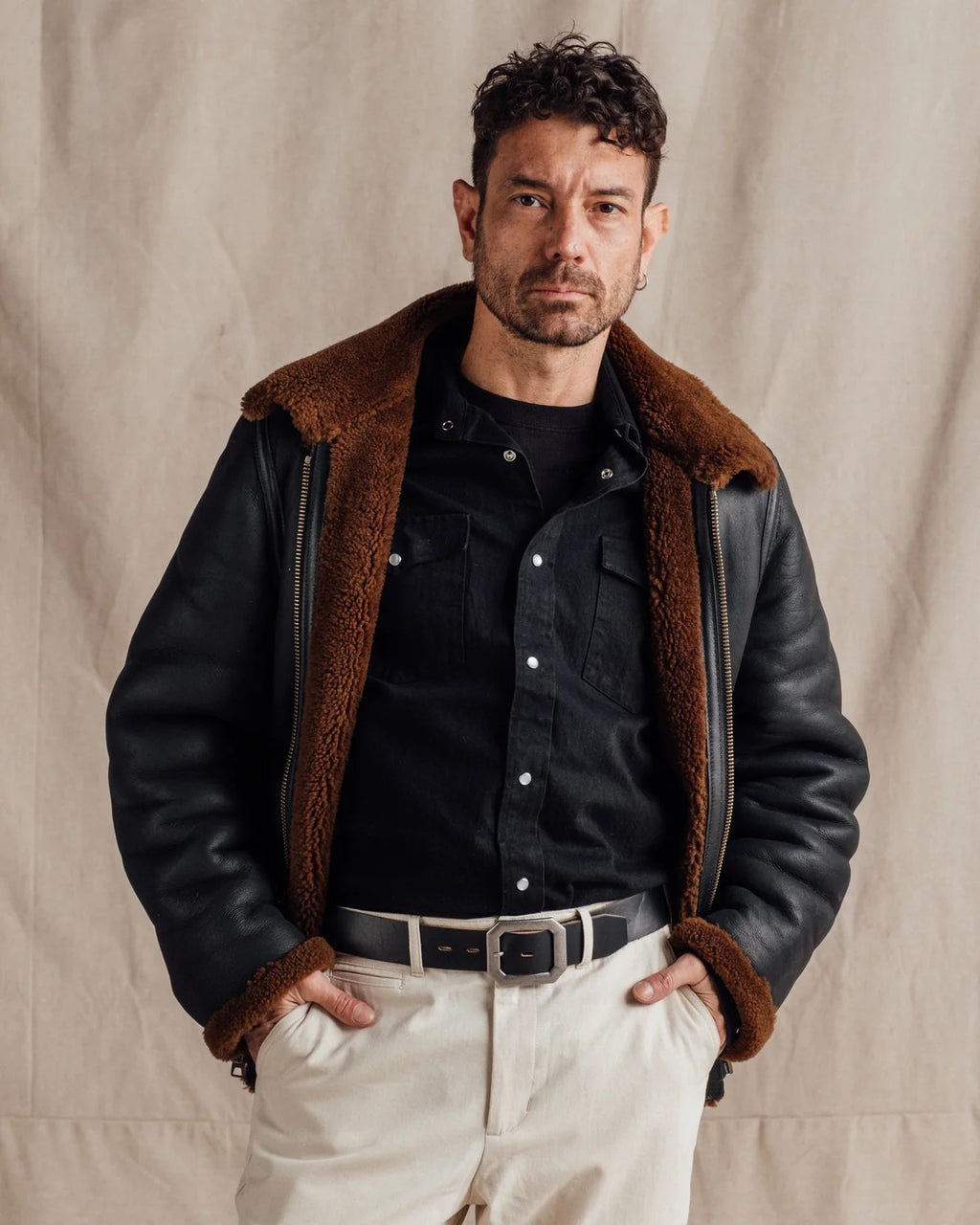 Men's Black Leather Shearling Collar Aviator Jacket