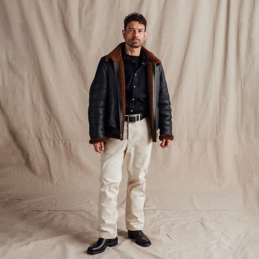 Men's Black Leather Shearling Collar Aviator Jacket