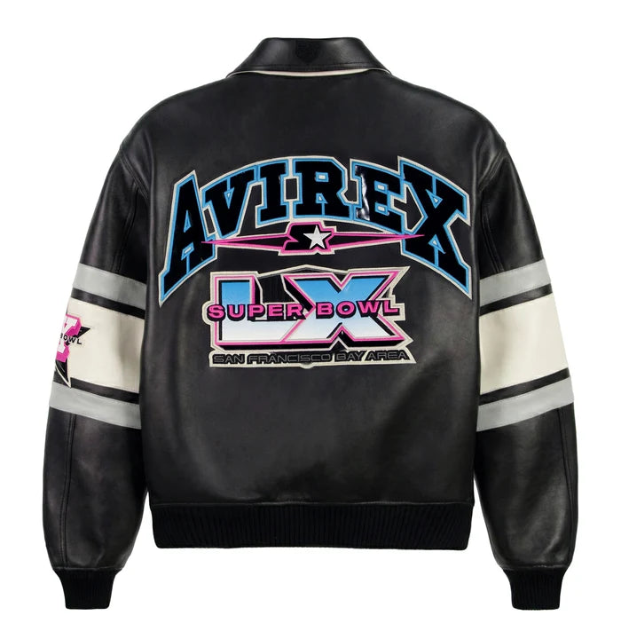 Men's Black Leather Super Bowl LX Varsity Jacket | NFL Co-Brand Edition