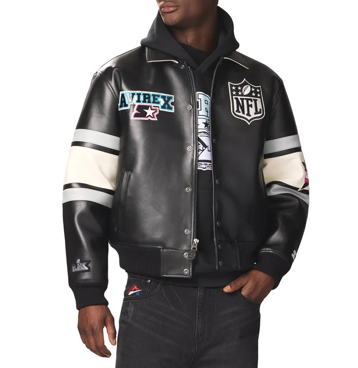 Men's Black Leather Super Bowl LX Varsity Jacket | NFL Co-Brand Edition