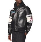 Men's Black Leather Super Bowl LX Varsity Jacket | NFL Co-Brand Edition