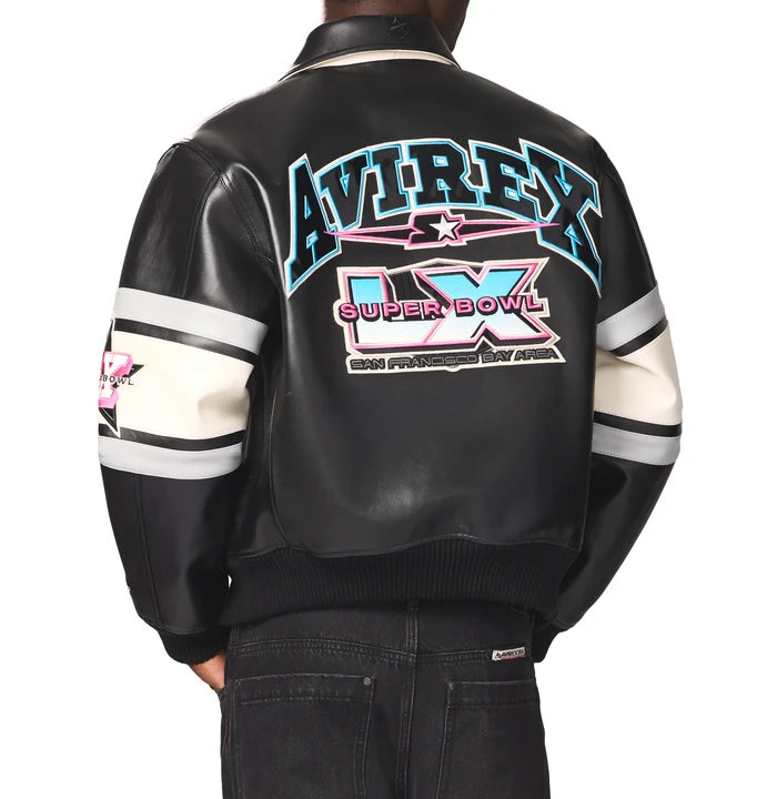 Men's Black Leather Super Bowl LX Varsity Jacket | NFL Co-Brand Edition