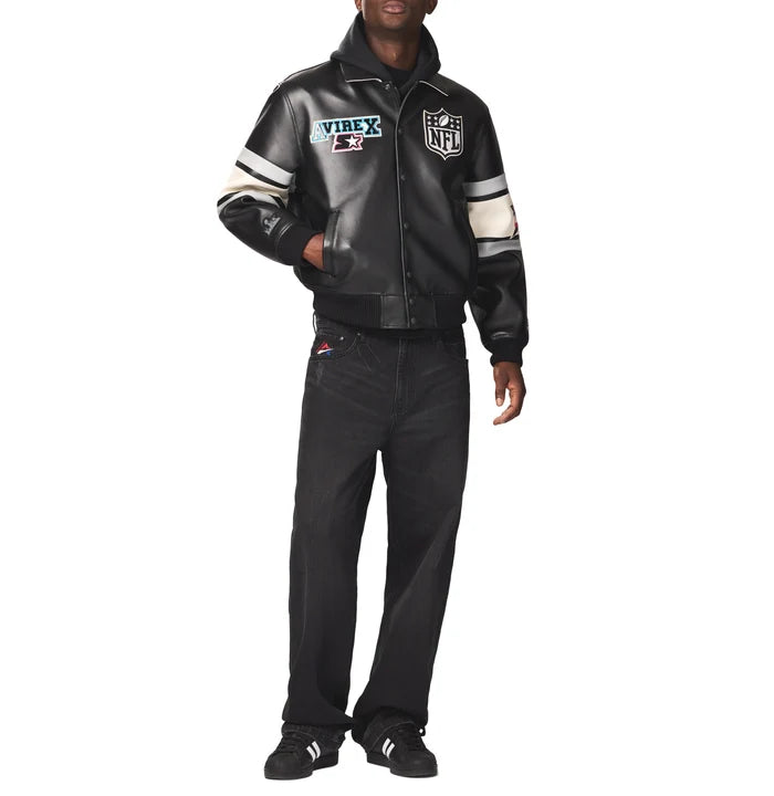 Men's Black Leather Super Bowl LX Varsity Jacket | NFL Co-Brand Edition