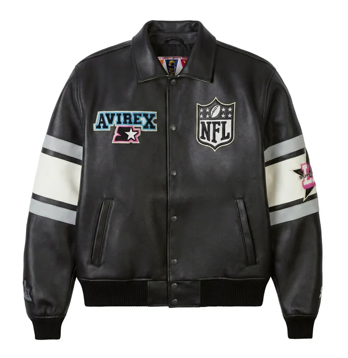 Men's Black Leather Super Bowl LX Varsity Jacket | NFL Co-Brand Edition