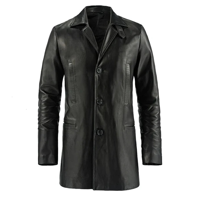 Men's Black Leather Trench Car Coat
