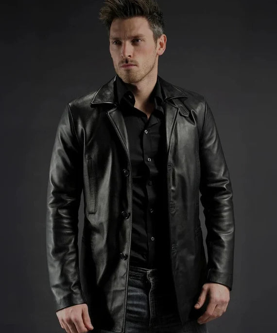 Men's Black Leather Trench Car Coat