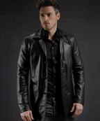 Men's Black Leather Trench Car Coat