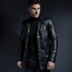 Men's Black Leather Trench Car Coat