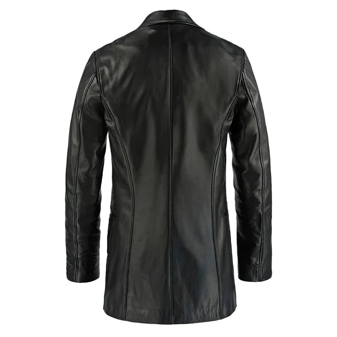 Men's Black Leather Trench Car Coat