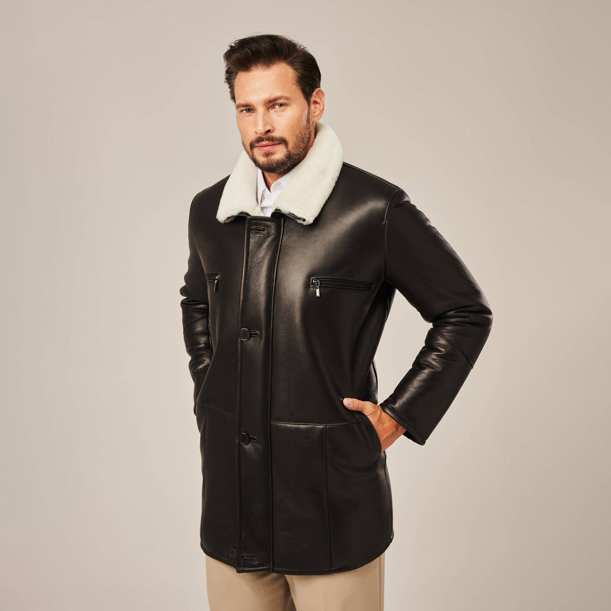 Men's Black Long Shearling Leather Coat | Real Lambskin Winter Trench Coat by Shearling Jacket