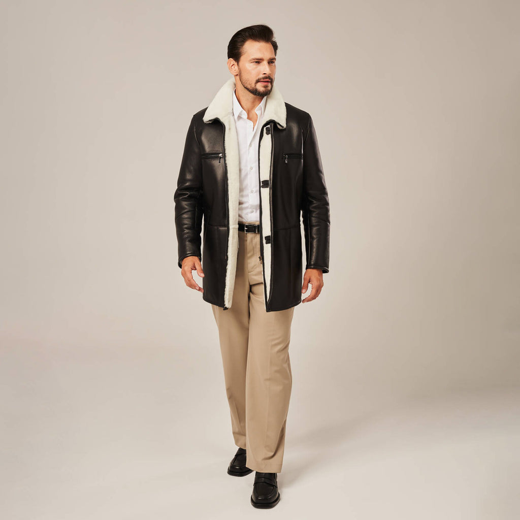 Men's Black Long Shearling Leather Coat | Real Lambskin Winter Trench Coat by Shearling Jacket