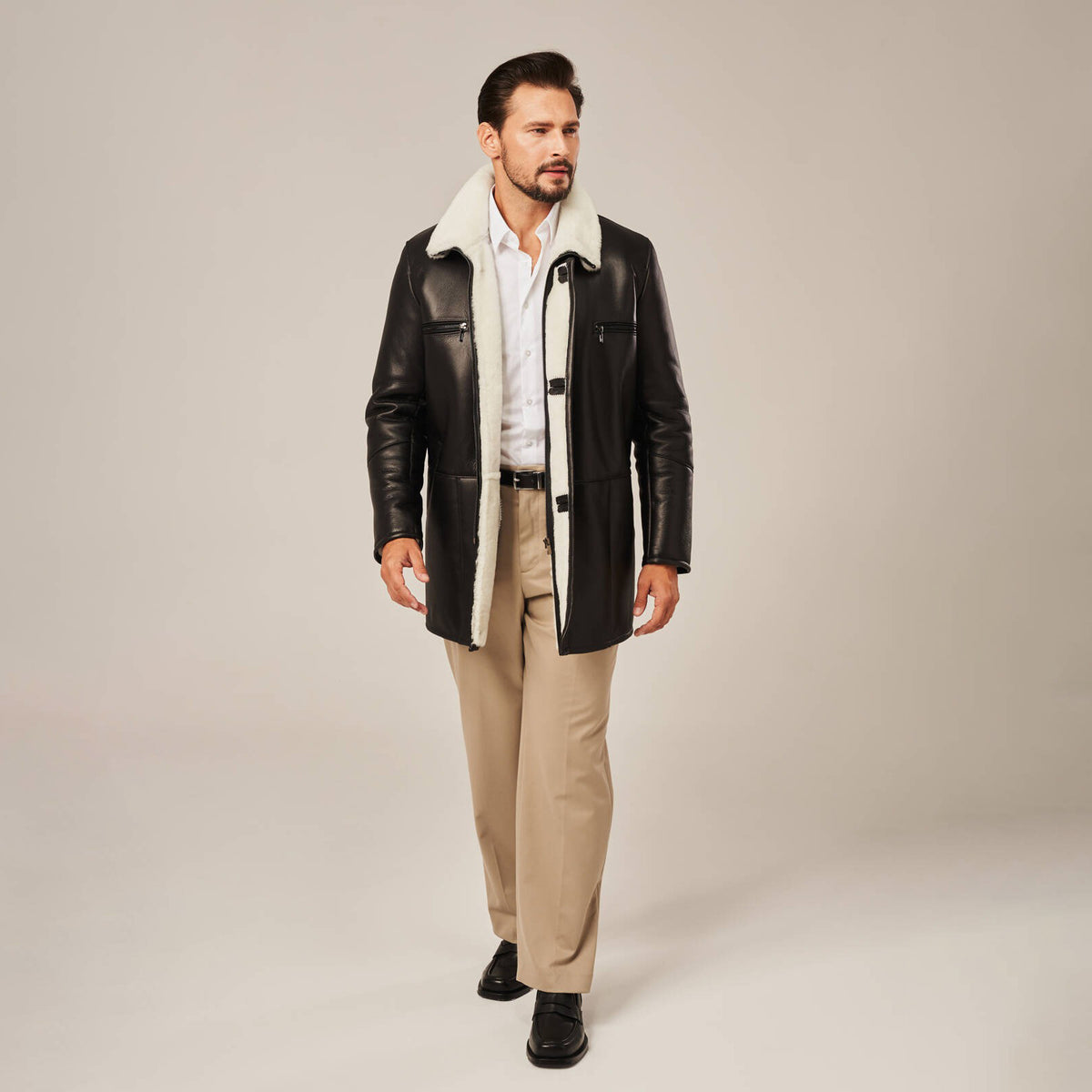 Men's Black Long Shearling Leather Coat | Real Lambskin Winter Trench Coat by Shearling Jacket