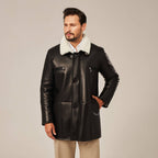 Men's Black Long Shearling Leather Coat | Real Lambskin Winter Trench Coat by Shearling Jacket