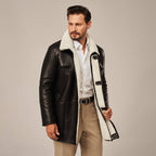 Men's Black Long Shearling Leather Coat | Real Lambskin Winter Trench Coat by Shearling Jacket