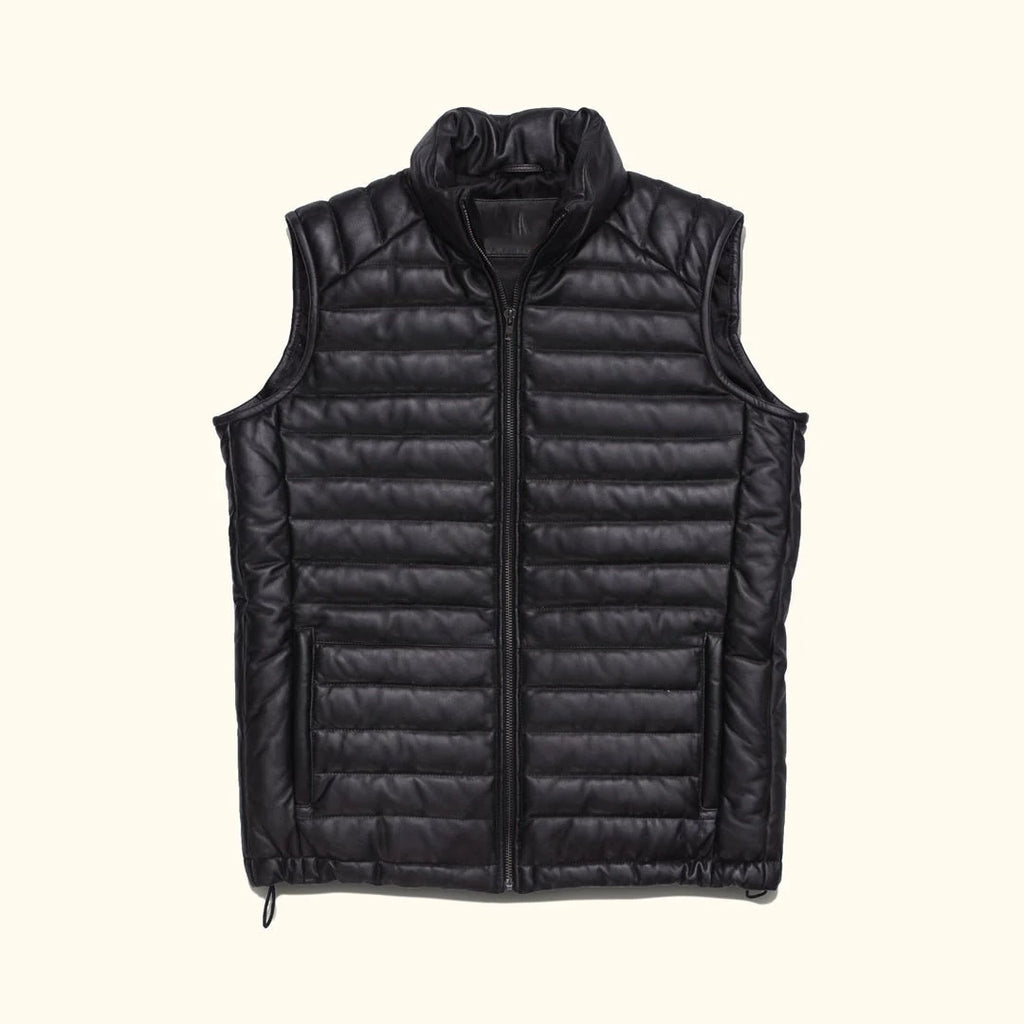 Men's Black Quilted Leather Down Puffer Vest