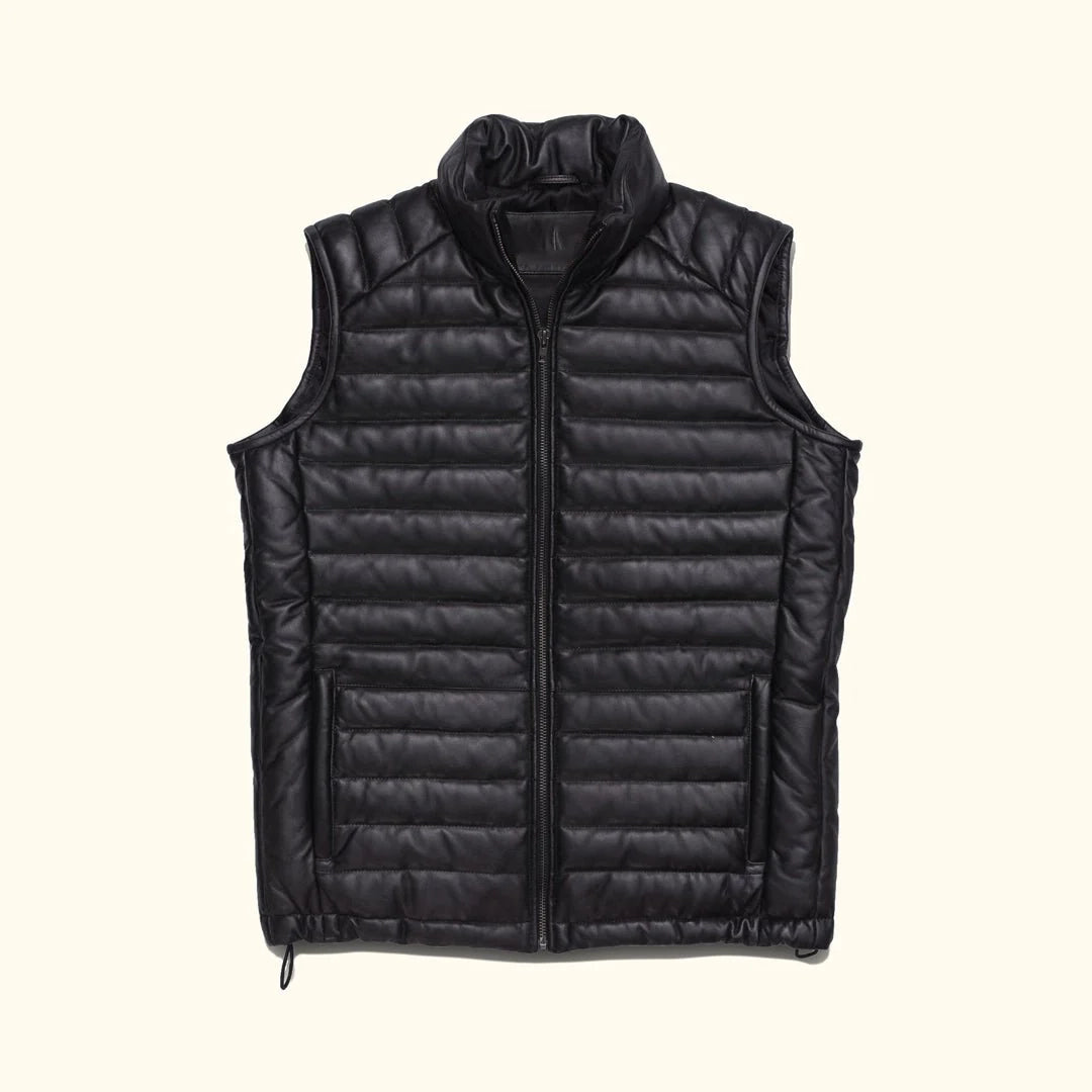 Men's Black Quilted Leather Down Puffer Vest