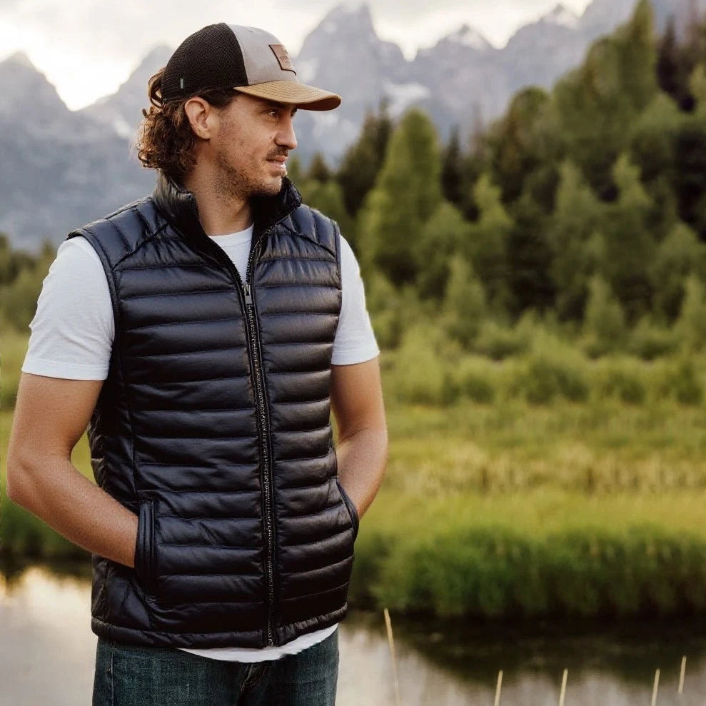 Men's Black Quilted Leather Down Puffer Vest