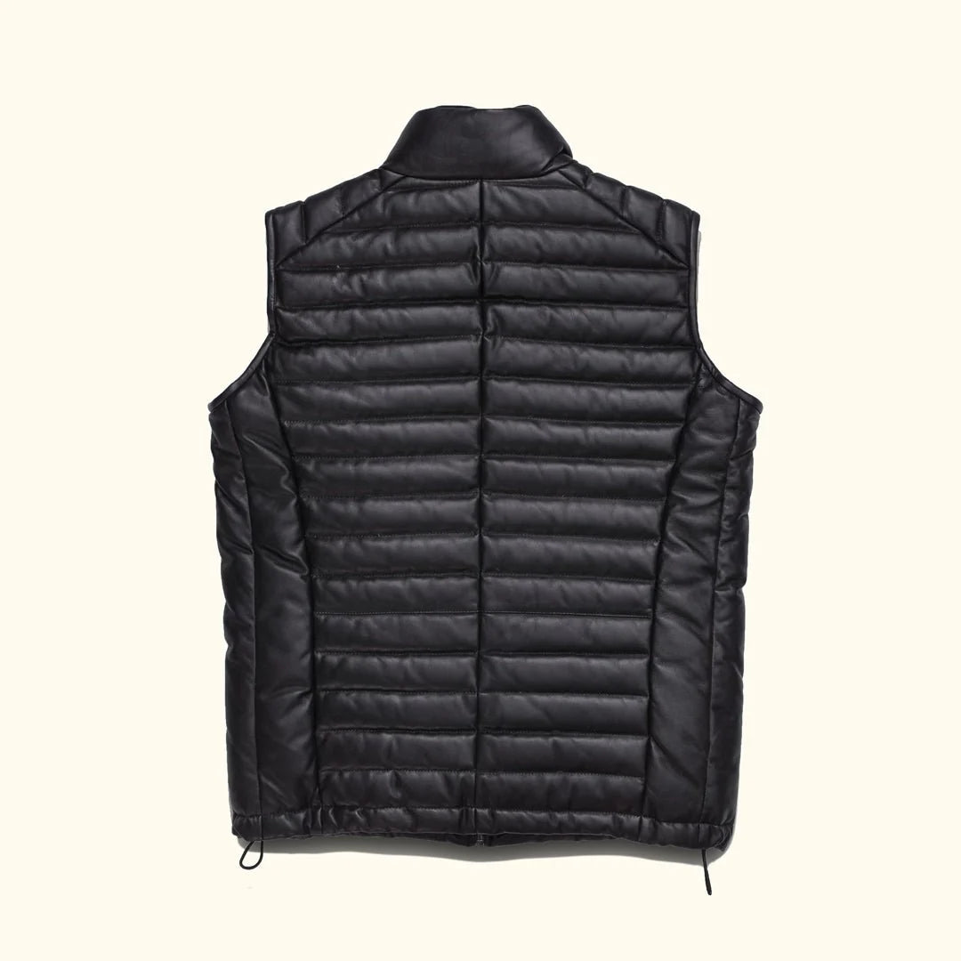 Men's Black Quilted Leather Down Puffer Vest