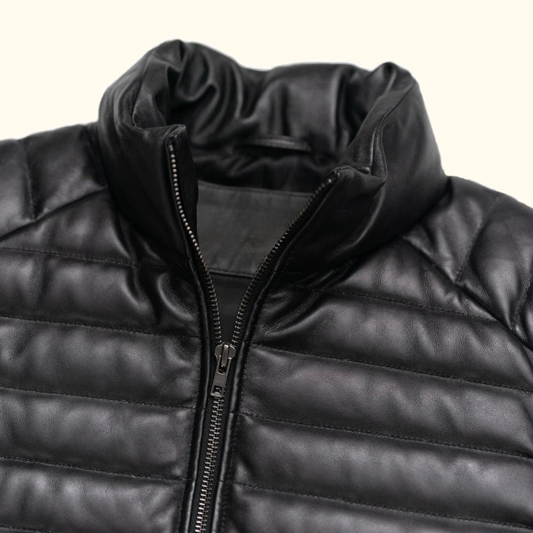 Men's Black Quilted Leather Down Puffer Vest