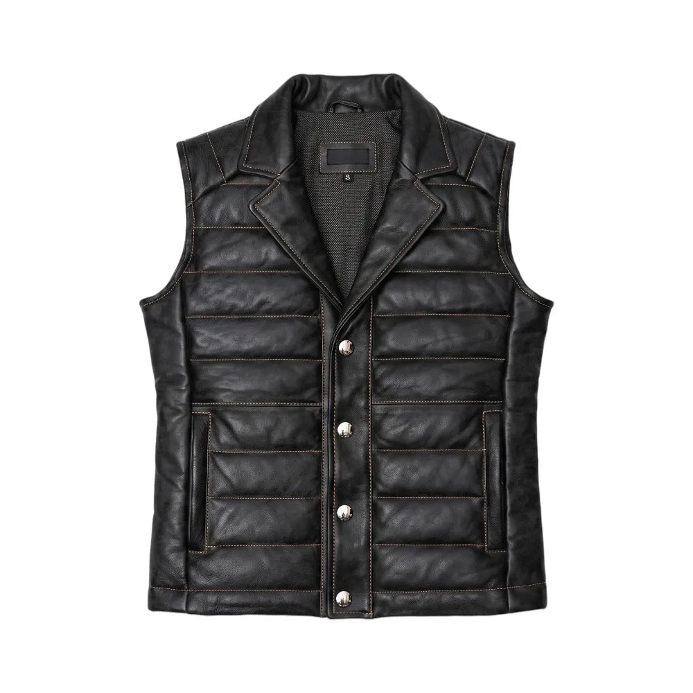 Men's Black Quilted Leather Puffer Vest
