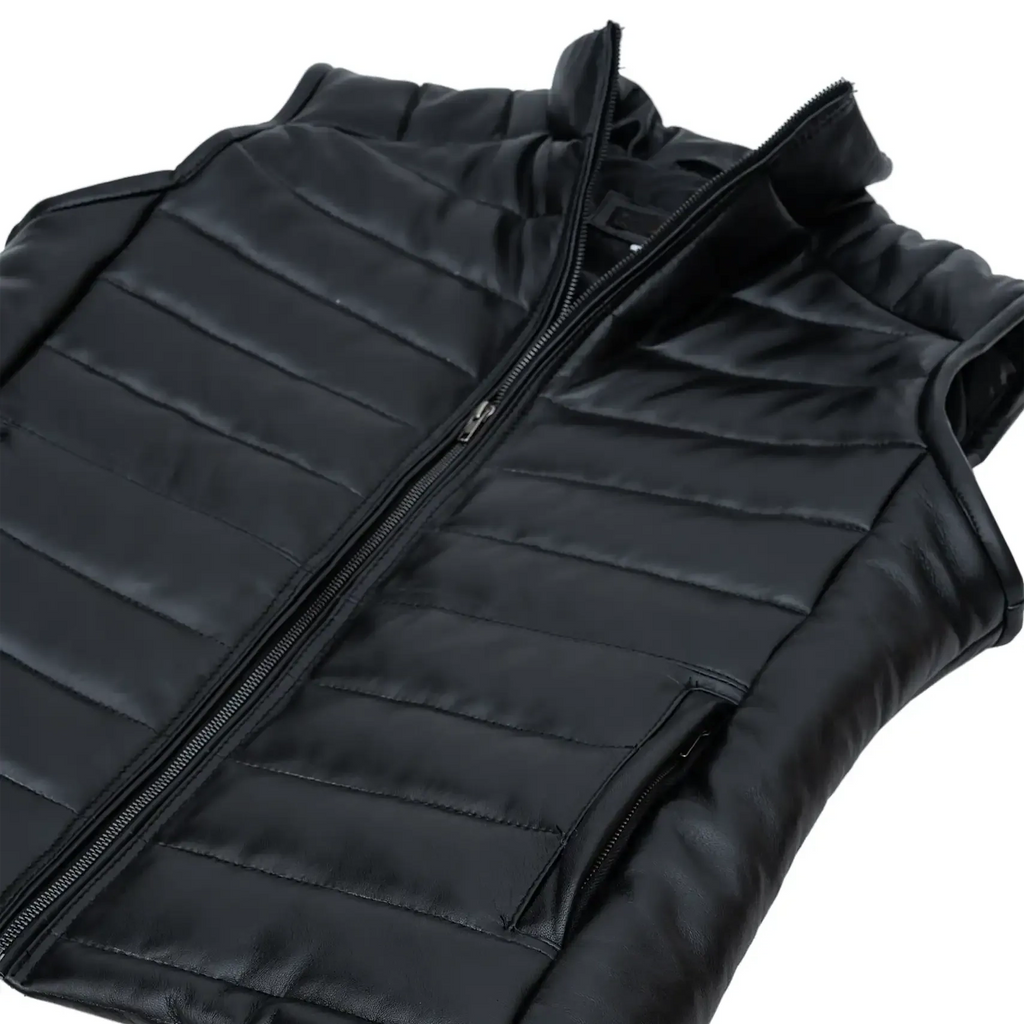 Men's Black Quilted Leather Puffer Vest