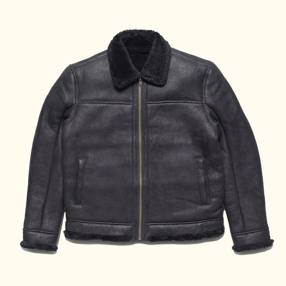 Men's Black Shearling Leather Bomber Jacket