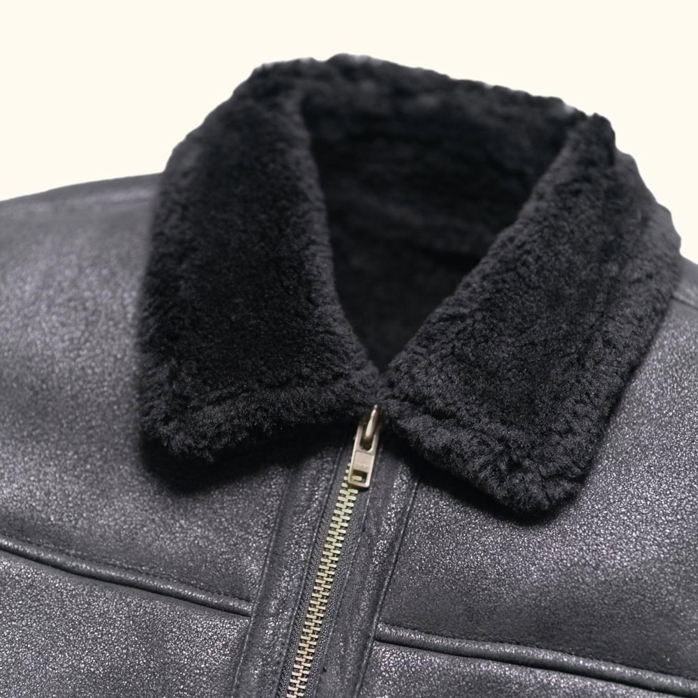 Men's Black Shearling Leather Bomber Jacket