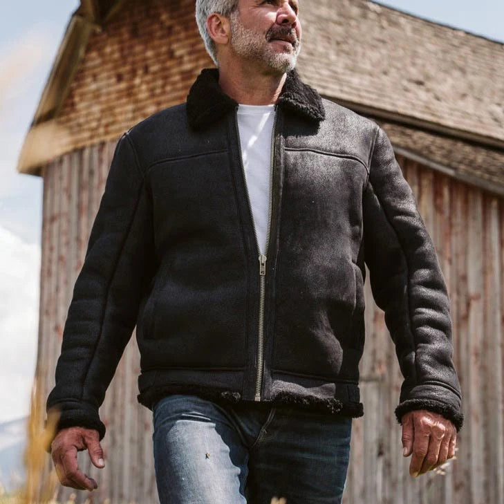 Men's Black Shearling Leather Bomber Jacket