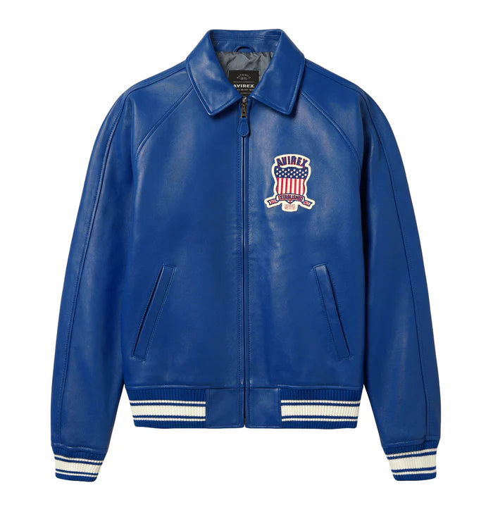 Men's Blue Lambskin Leather Varsity Bomber Jacket with USA Logo Appliqué