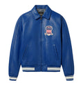 Men's Blue Lambskin Leather Varsity Bomber Jacket with USA Logo Appliqué