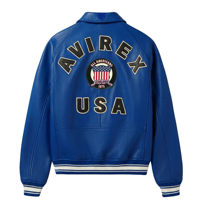 Men's Blue Lambskin Leather Varsity Bomber Jacket with USA Logo Appliqué