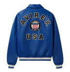 Men's Blue Lambskin Leather Varsity Bomber Jacket with USA Logo Appliqué