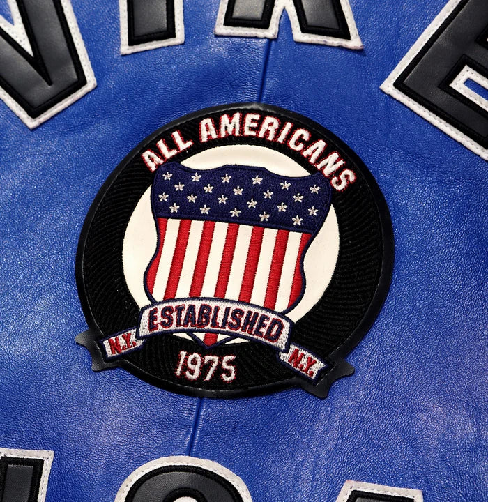 Men's Blue Lambskin Leather Varsity Bomber Jacket with USA Logo Appliqué