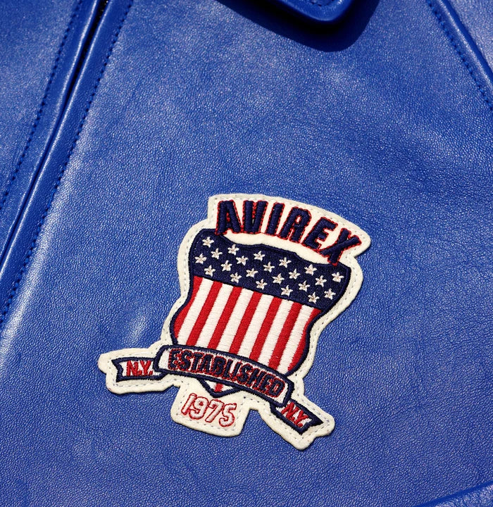 Men's Blue Lambskin Leather Varsity Bomber Jacket with USA Logo Appliqué