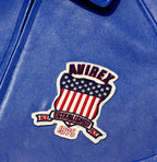 Men's Blue Lambskin Leather Varsity Bomber Jacket with USA Logo Appliqué