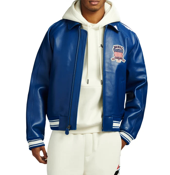 Men's Blue Lambskin Leather Varsity Bomber Jacket with USA Logo Appliqué