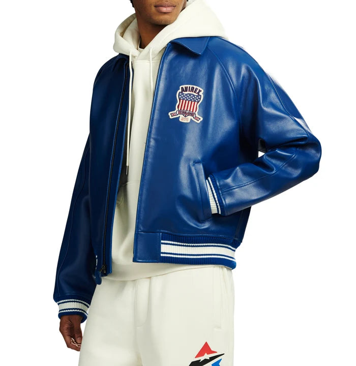 Men's Blue Lambskin Leather Varsity Bomber Jacket with USA Logo Appliqué