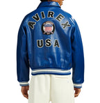 Men's Blue Lambskin Leather Varsity Bomber Jacket with USA Logo Appliqué
