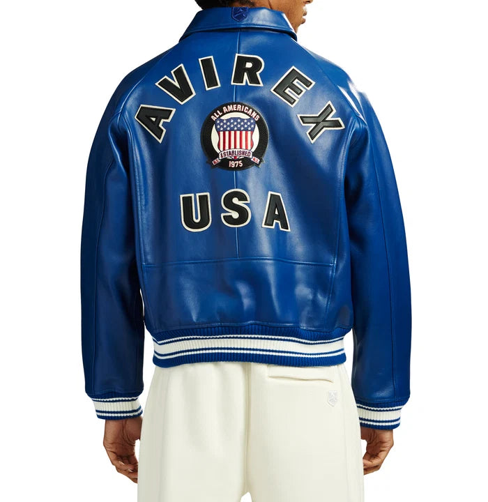 Men's Blue Lambskin Leather Varsity Bomber Jacket with USA Logo Appliqué