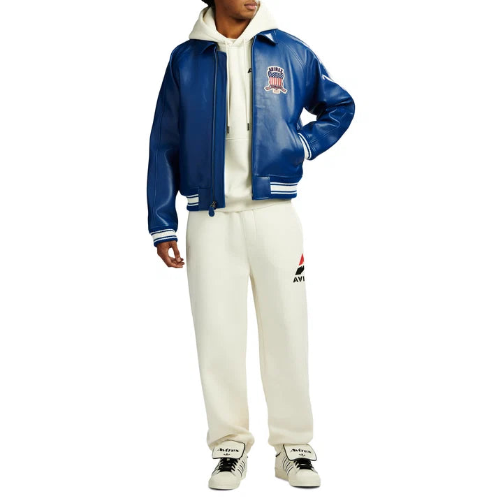 Men's Blue Lambskin Leather Varsity Bomber Jacket with USA Logo Appliqué